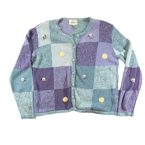Vintage Christopher & Banks Bumblebee Cardigan Sweater Medium Blue Patchwork